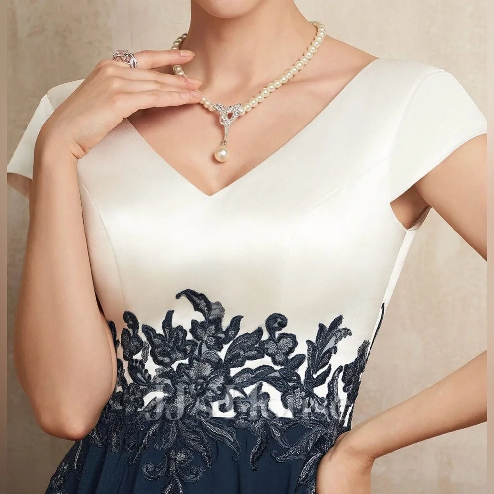 JJ’s House A-Line V-Neck Tea Length Satin Chiffon Mother Of The Bride Dress - Picture 4 of 9